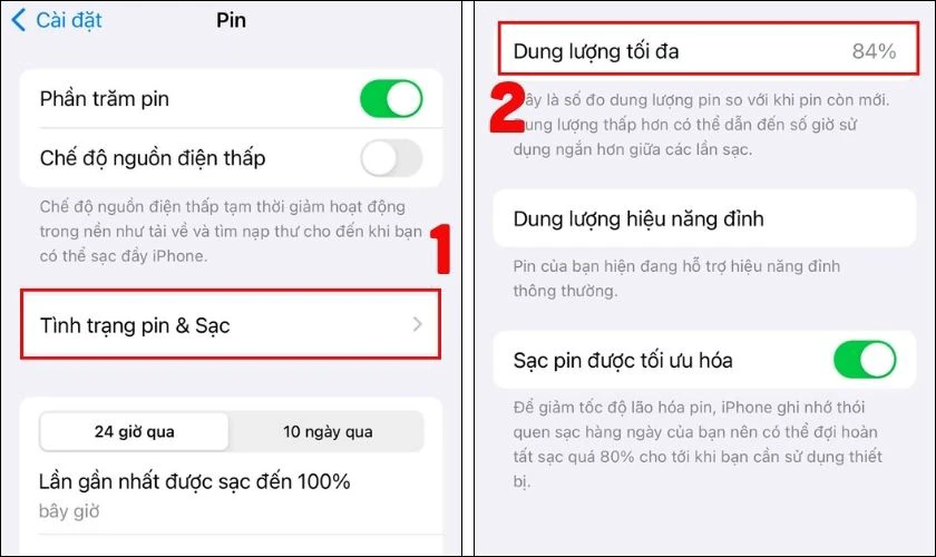 Xem tình trạng pin tại mục Dung lượng tối đa