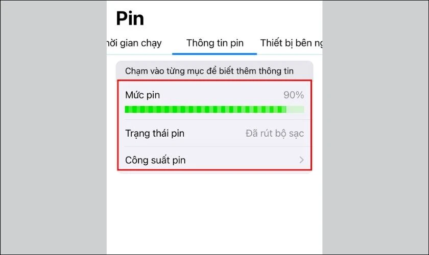 Xem dữ liệu pin trong mục Thông tin pin