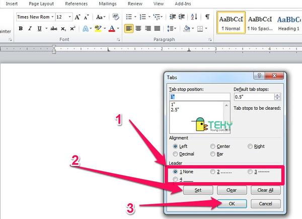  Đặt tab thông qua hộp thoại tab trong word