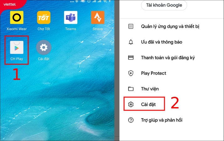 vào Cài đặt trong ứng dụng CH Play