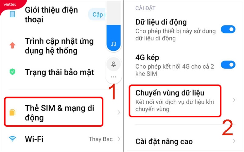 vào Chuyển vùng dữ liệu trong mục Thẻ SIM & mạng di động ở ứng dụng Cài đặt