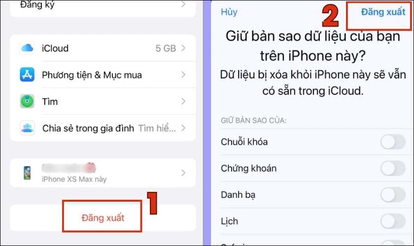 Nhấn nút Đăng xuất để xóa iCloud trên điện thoại cũ