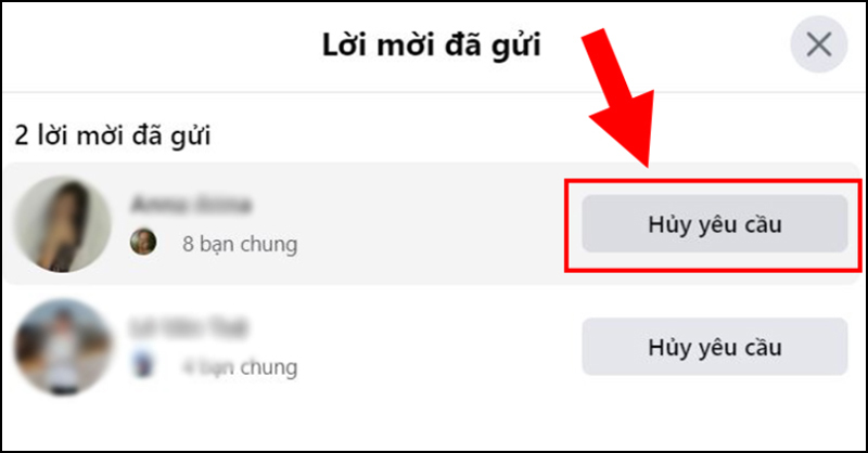 Chọn Hủy yêu cầu tại tài khoản muốn xóa lời mời kết bạn đã gửi