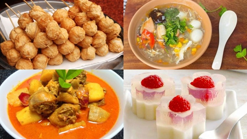 Gà viên chiên, súp gà, bò kho bánh mì, bánh flan, nước ngọt có gas