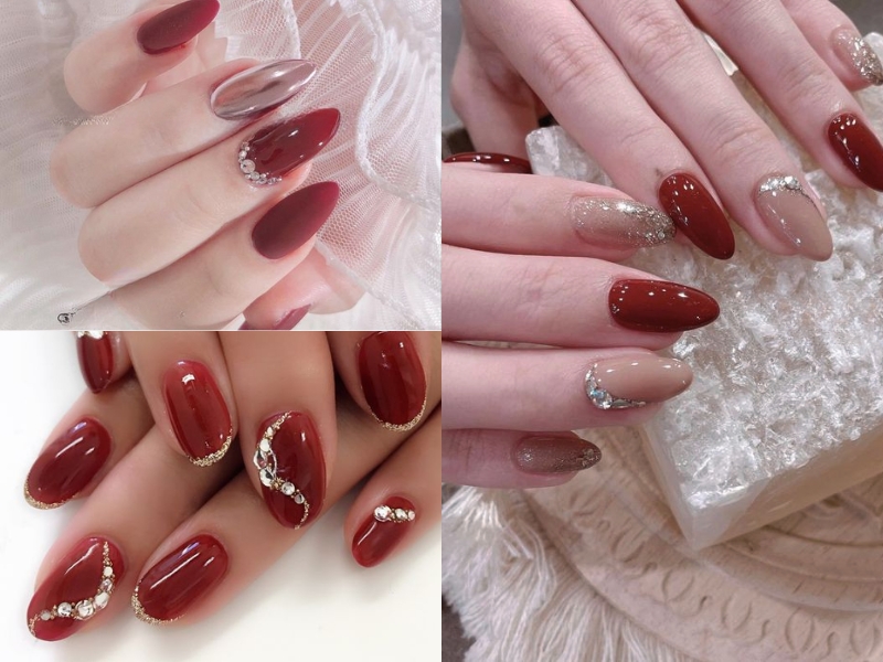 mẫu nail đỏ rượu đính đá nhỏ