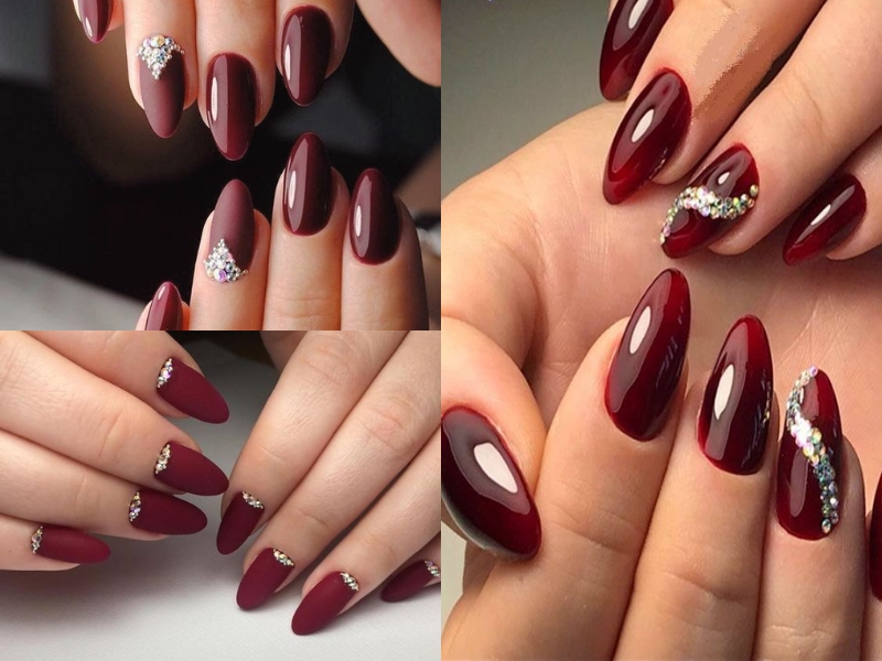 mẫu nail đỏ rượu đính đá đơn giản