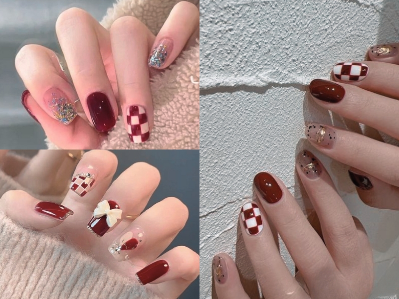 mẫu nail kẻ ô trắng và đỏ rượu