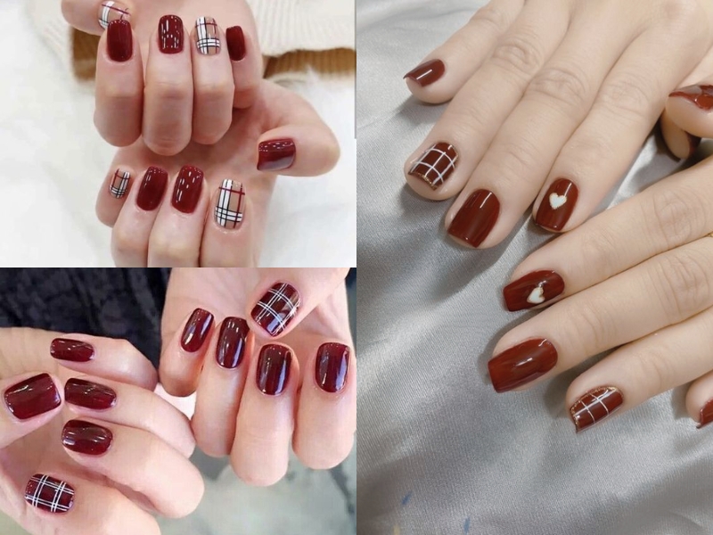 nail màu đỏ rượu họa tiết đường kẻ trắng