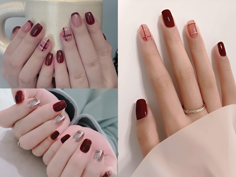 nail màu đỏ rượu họa tiết đường kẻ đỏ