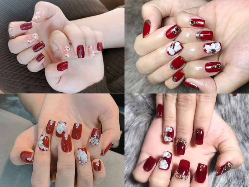 mẫu nail đỏ rượu vẽ hoa