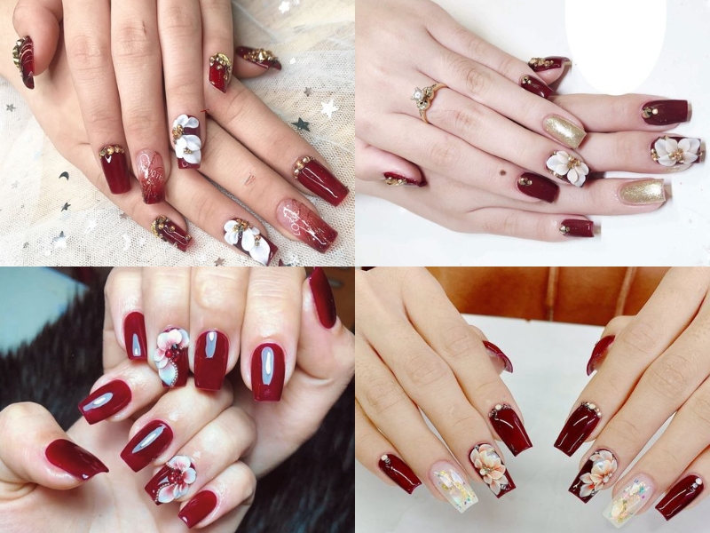 mẫu nail đỏ rượu vẽ hoa trắng