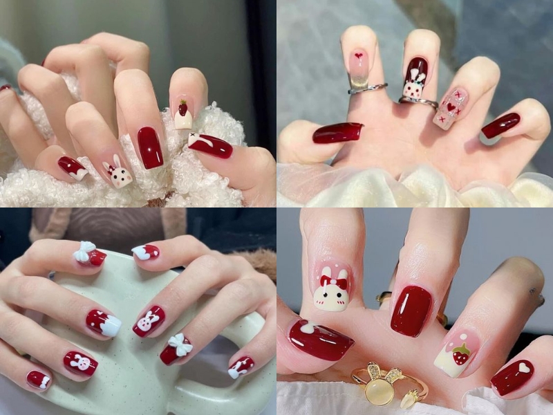 mẫu nail họa tiết thỏ màu đỏ rượu