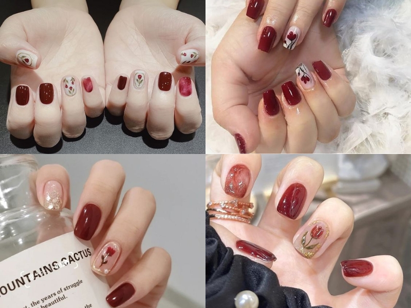 mẫu nail họa tiết hoa lá màu đỏ rượu