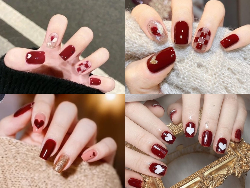 mẫu nail màu đỏ rượu trái tim