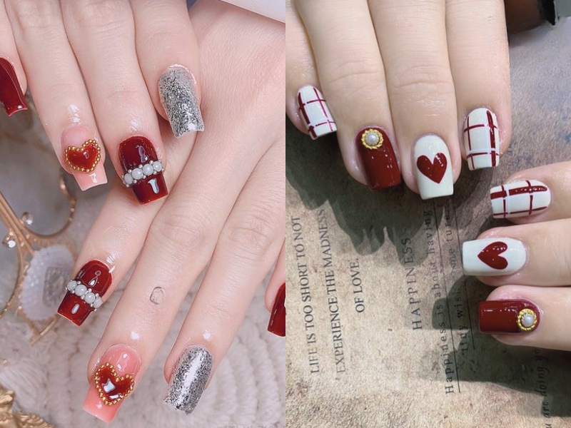 nail màu đỏ rượu hạt ngọc trắng