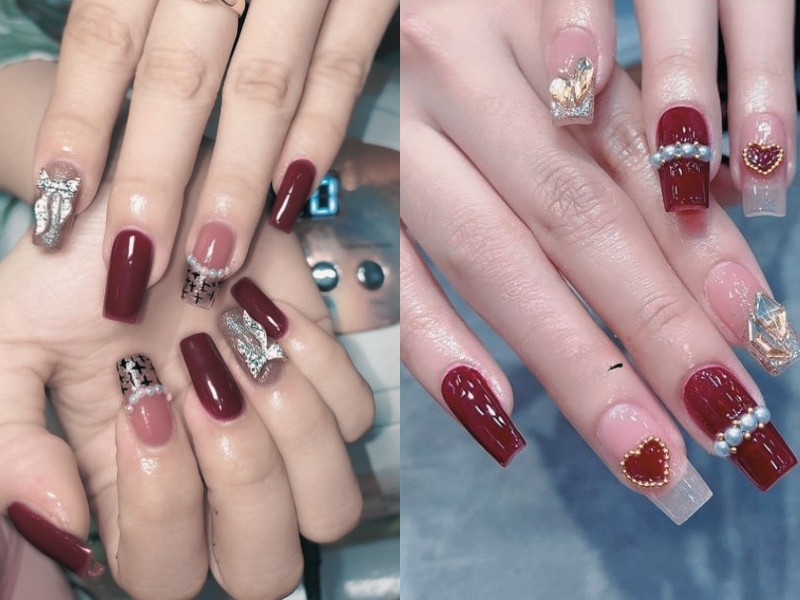 nail hồng thạch đính hạt ngọc và đá