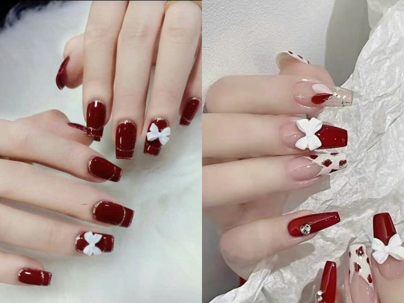 nail hồng đỏ rượu đính charm nơ trắng