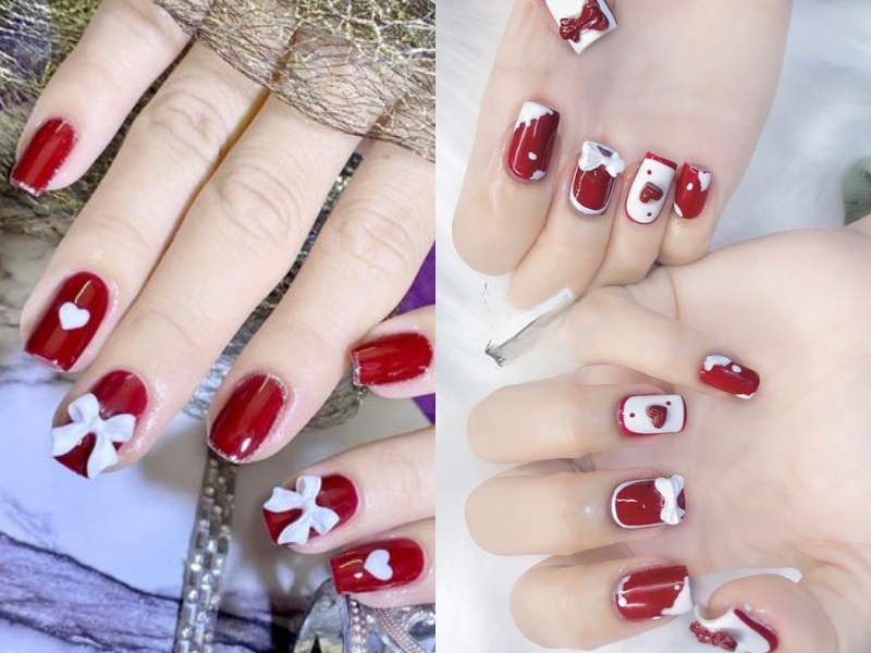 nail màu đỏ rượu đính charm nơ