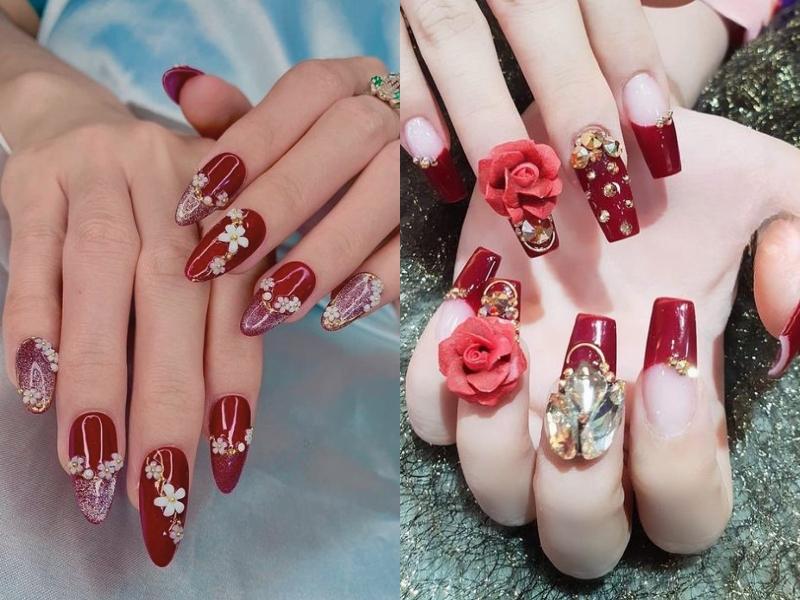 nail màu đỏ rượu đính charm hoa