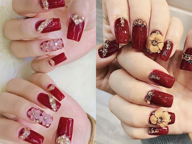 nail đỏ rượu đính charm hoa và đá