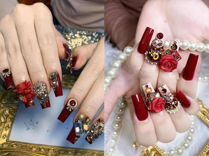 nail đỏ rượu đính charm hoa cầu kỳ