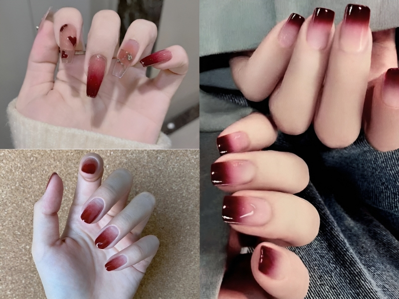 Mẫu nail ombre đỏ rượu hồng thạch