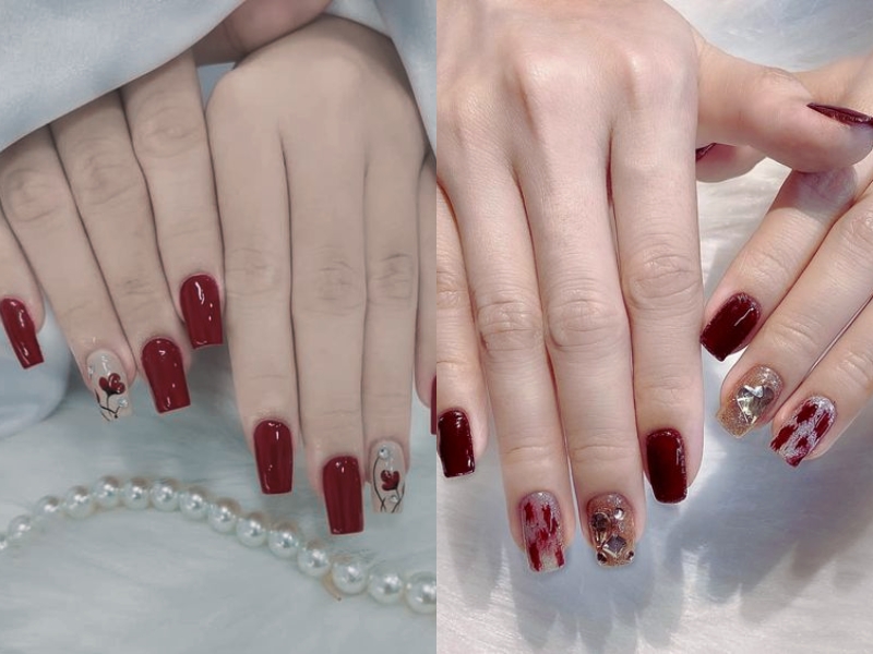 nail đỏ rượu Hàn Quốc đơn giản