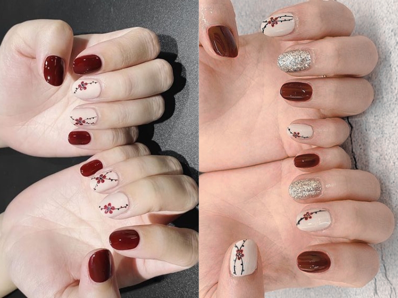 nail đỏ rượu vẽ hoa tết