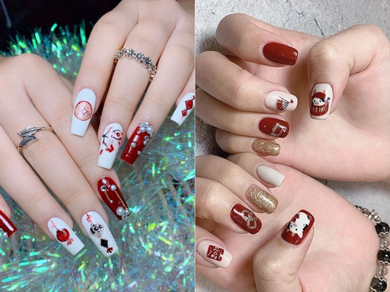 nail đỏ rượu Tết đơn giản