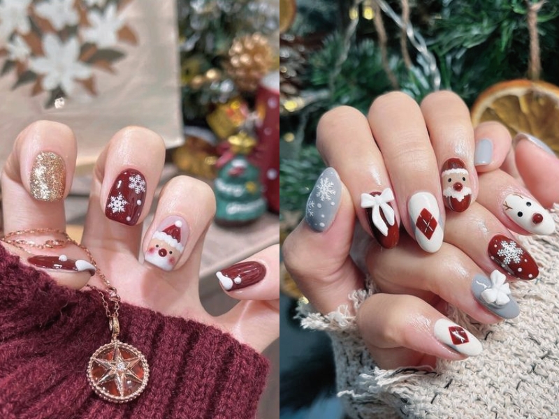 nail đỏ rượu vẽ ông già noel