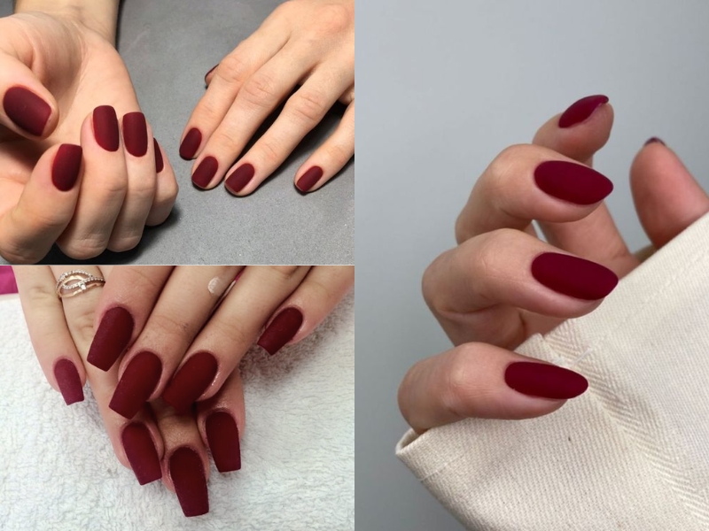 mẫu nail màu đỏ rượu phủ nhám