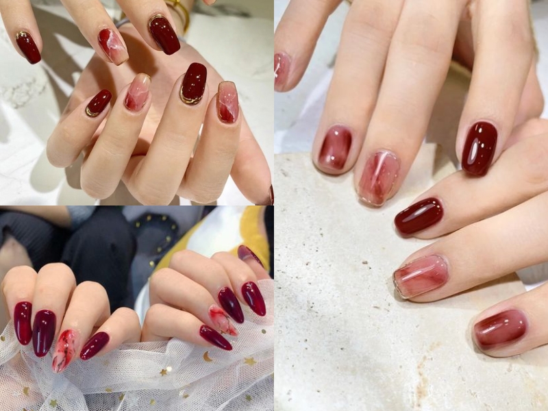 nail màu đỏ rượu vân đá