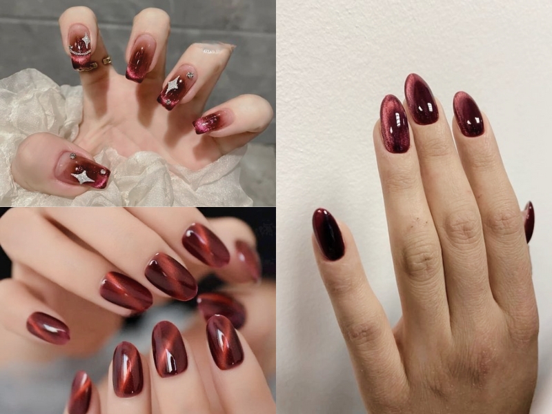 nail màu đỏ rượu mắt mèo