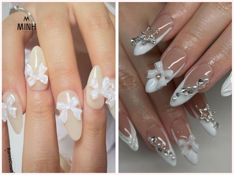 Mẫu nail màu trắng đính charm