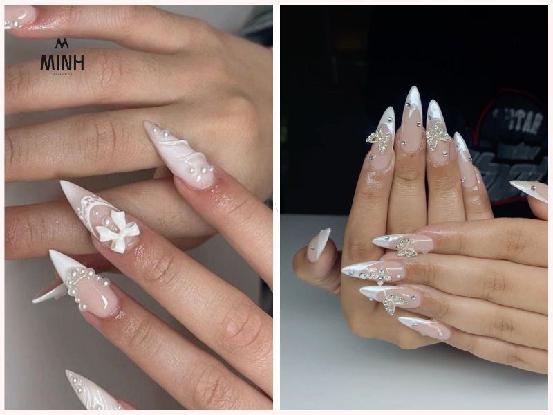 Mẫu nail màu trắng đính charm