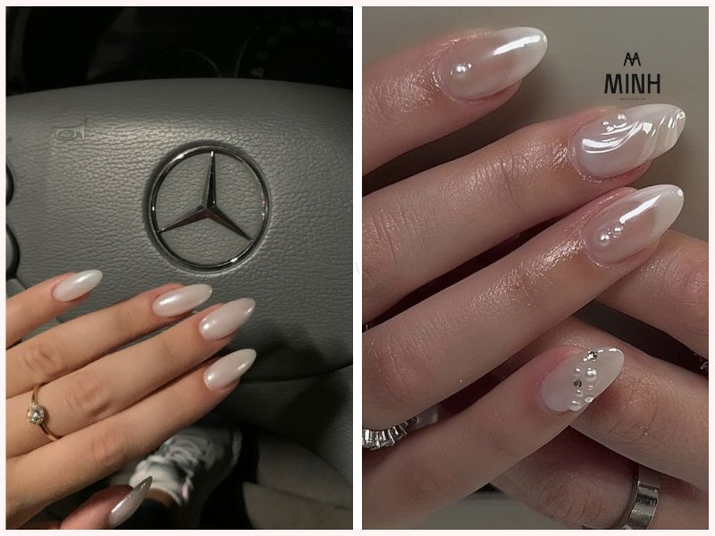 Mẫu nail màu trắng tráng gương