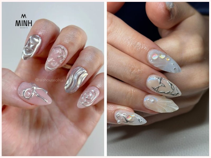 Những mẫu nail trắng phối màu bạc