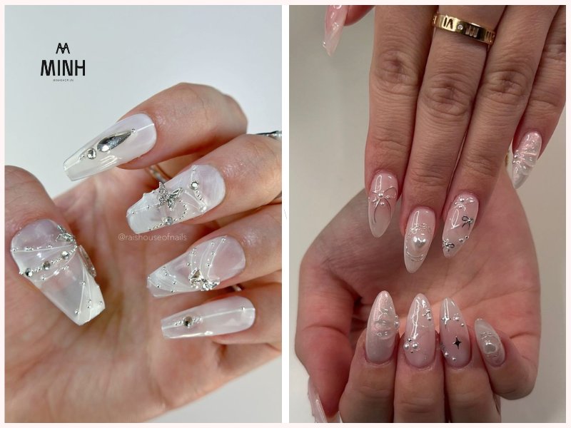 Những mẫu nail trắng phối màu bạc