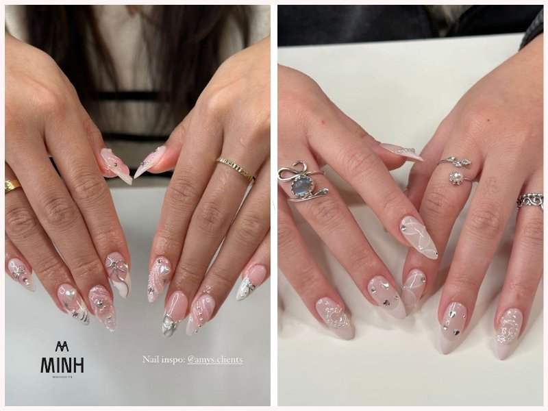 Nail sơn trắng họa tiết lấp lánh