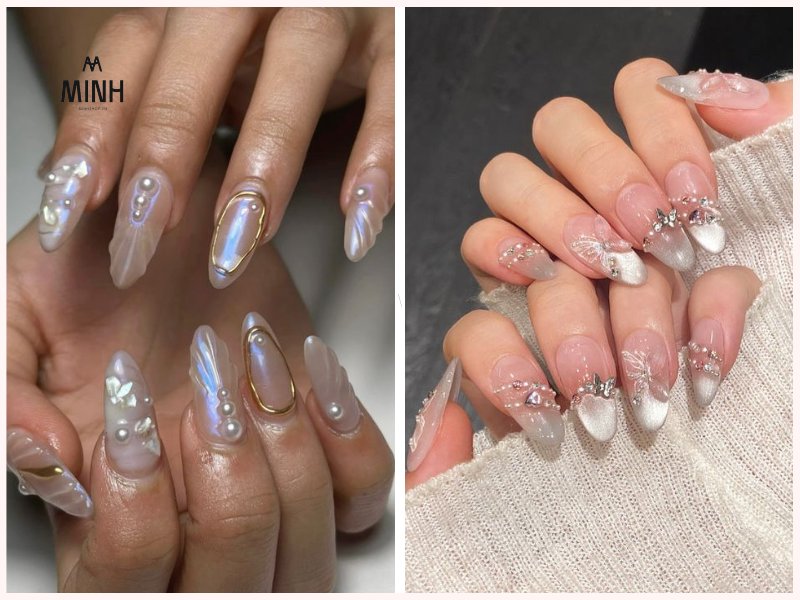 Nail sơn trắng họa tiết lấp lánh