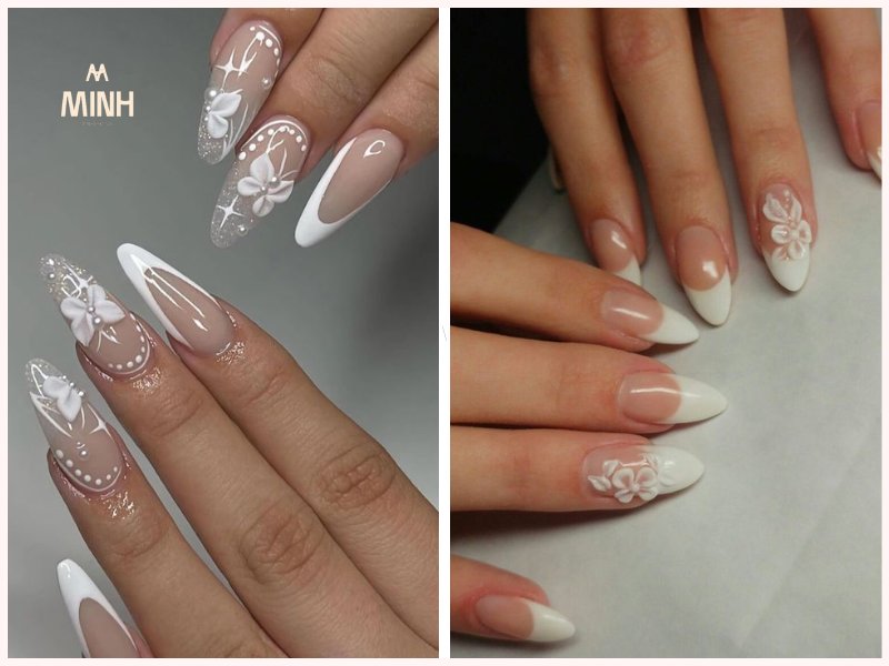 Nail trắng với họa tiết hoa nổi