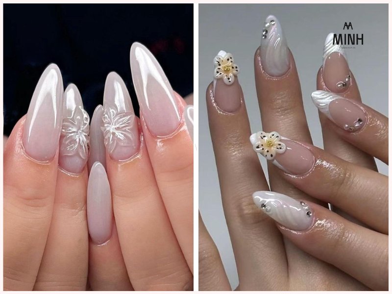 Nail trắng với họa tiết hoa nổi