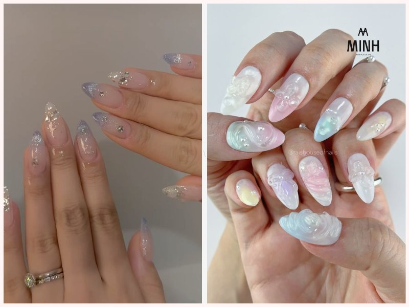 Mẫu nail màu trắng với màu xanh dương