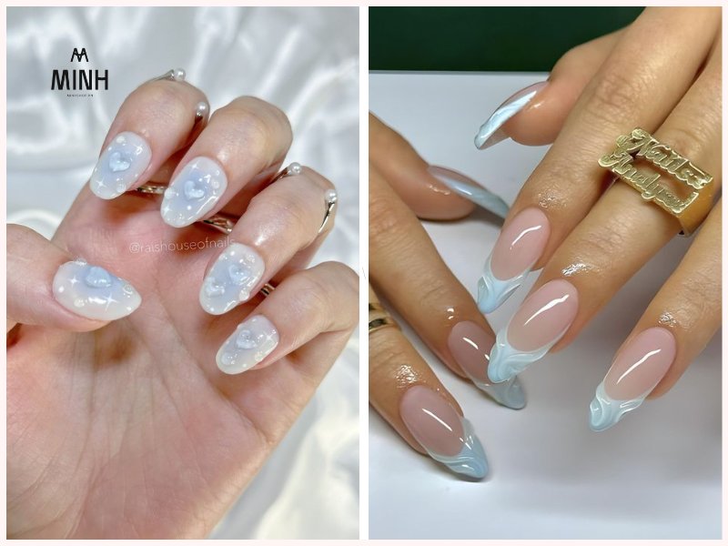 Mẫu nail màu trắng với màu xanh dương