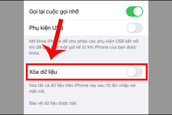 Lựa chọn kích hoạt “ Xóa dữ liệu”