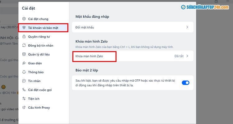 Chọn Khóa màn hình Zalo để cài mật khẩu Zalo trên máy tính