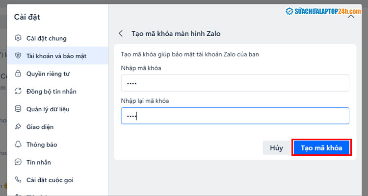 Nhấn Tạo mã khóa để tạo mật khẩu Zalo trên máy tính