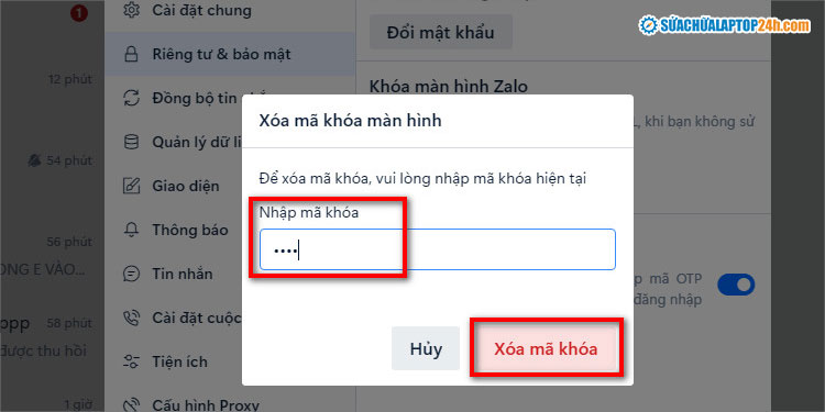 Nhập lại mã khóa trước khi xóa mã khóa màn hình Zalo