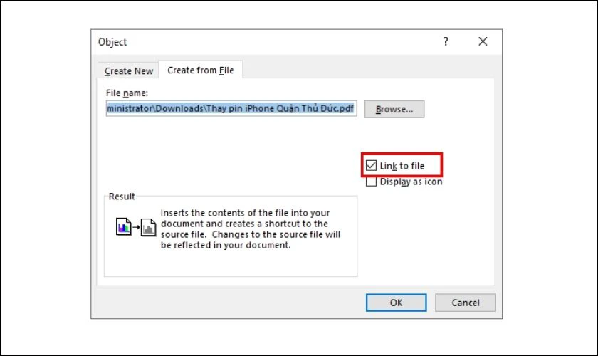 Chọn tick vào ô vuông Link to File