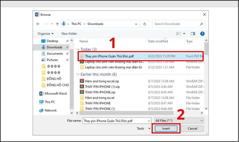 Chọn file PDF cần chèn vào Word và nhấn Insert